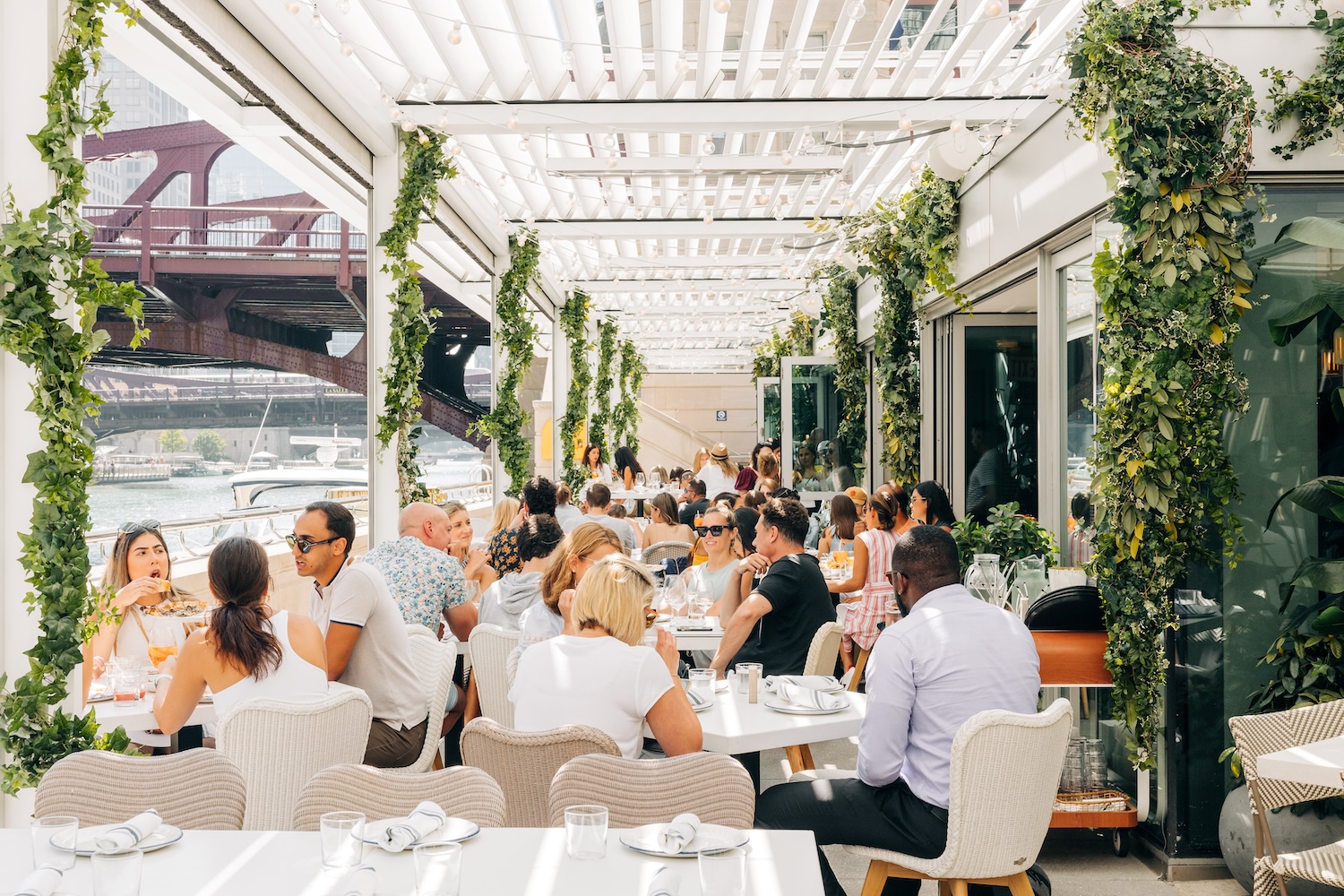 Pizzeria Portofino offers "onboard seating" on a number of their boats, docked along the banks of the Chicago River