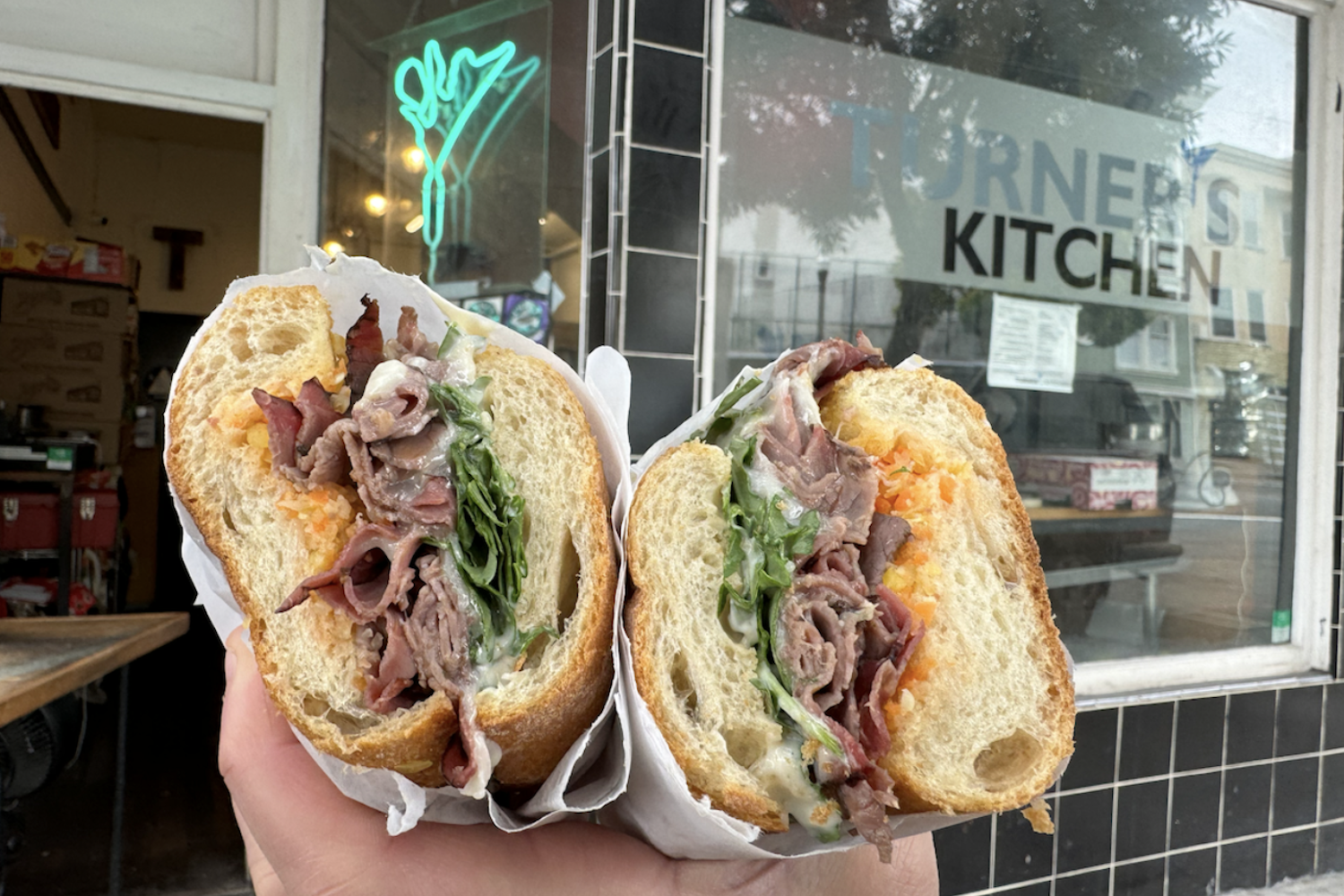 Turner's "Barack Obama sandwich," including roast beef, garlic mayo, melted provolone, a touch of giardiniera, arugula and a cup of au jus