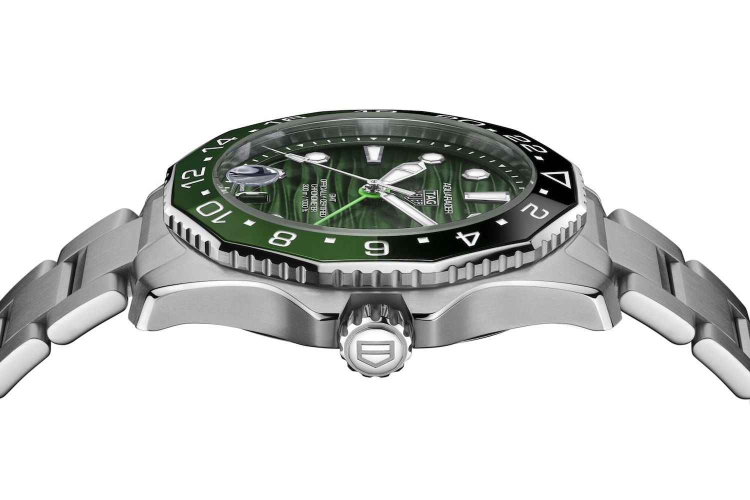 The TAG Heuer Aquaracer Professional 300 in jade. Elevated side view including crown and polished steel case.