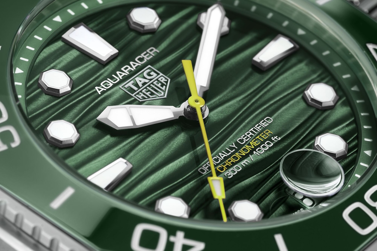 The face of TAG Heuer's Aquaracer Professional 300 in jade.