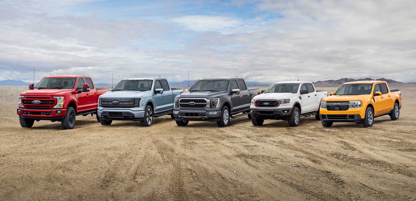 Ford's lineup of pickup trucks, from the large F-250 to the small Maverick 