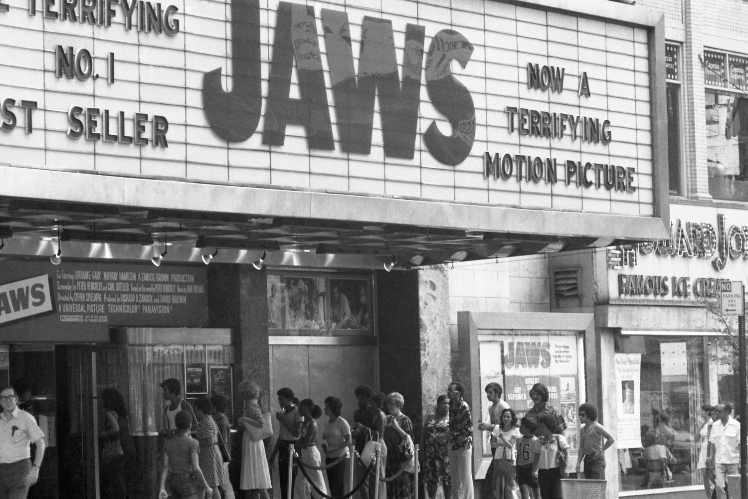 "Jaws" on the marquee at a movie theater. The movie, which turns 50 in 2025, is getting a new documentary from Spielberg documentarian Laurent Bouzereau