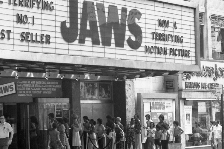 "Jaws" on the marquee at a movie theater. The movie, which turns 50 in 2025, is getting a new documentary from Spielberg documentarian Laurent Bouzereau