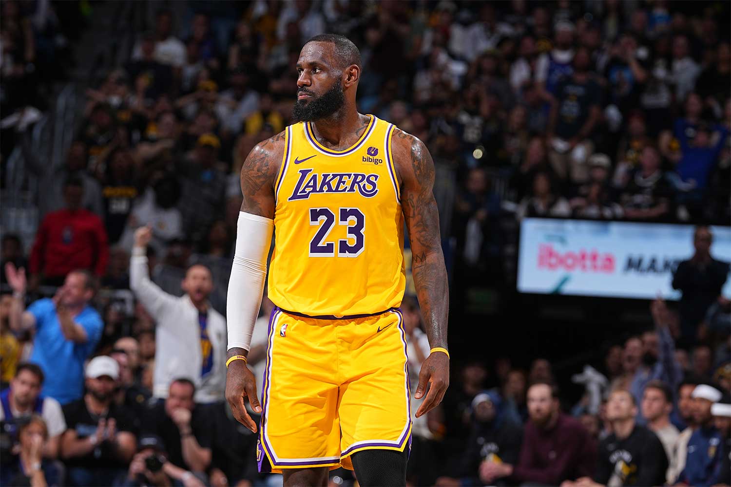 LeBron James #23 of the Los Angeles Lakers looks on during the game against the Denver Nuggets during Round One Game Five of the 2024 NBA Playoffs on April 29, 2024 at the Ball Arena in Denver, Colorado