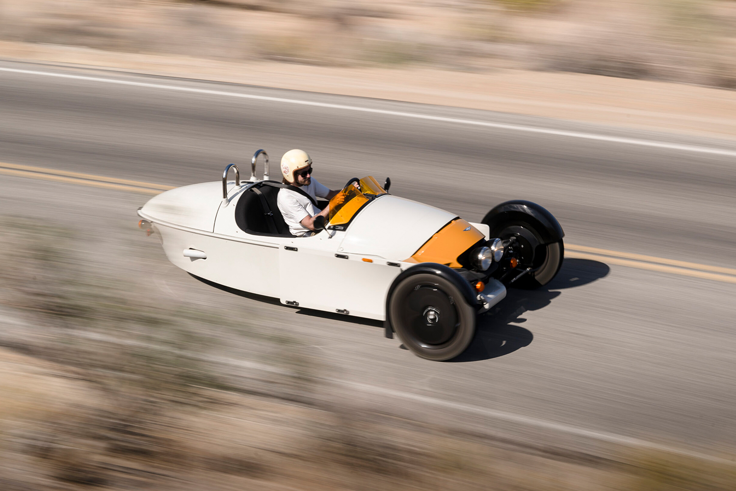 Driving the Morgan Super 3, a three-wheeled convertible from the British brand. Here's our full review of the American-spec model.