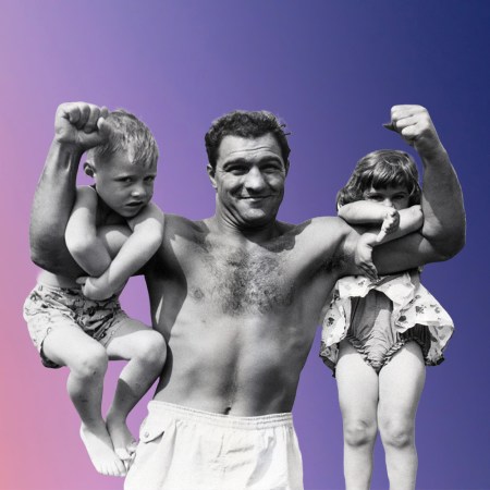 Two kids hanging from the arms of legendary boxer Rocky Marciano.