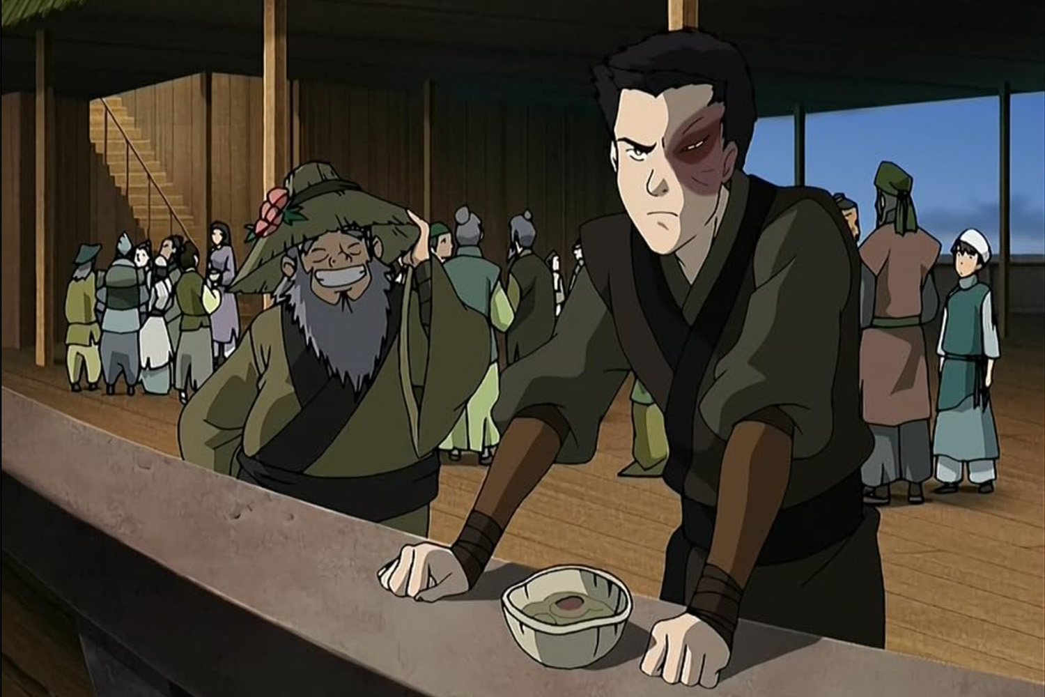 A still from "Avatar: The Last Airbender," showing Zuko upset with his uncle Iroh, who's joking around.