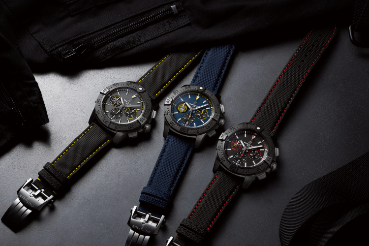Breitling's new Avenger Night Mission Chronograph series, in USN Bloodhounds (left), US Naval Academy (center) and USN Dust Devils (right)