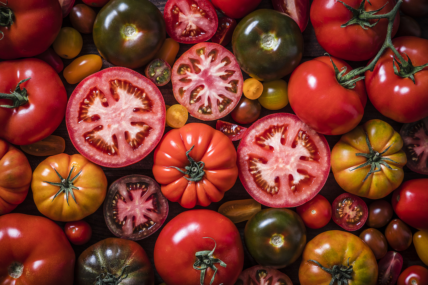 Top view of a background made with various kinds of tomatoes mixed by varieties, sizes and colors. Predominant colors are red, orange and yellow.