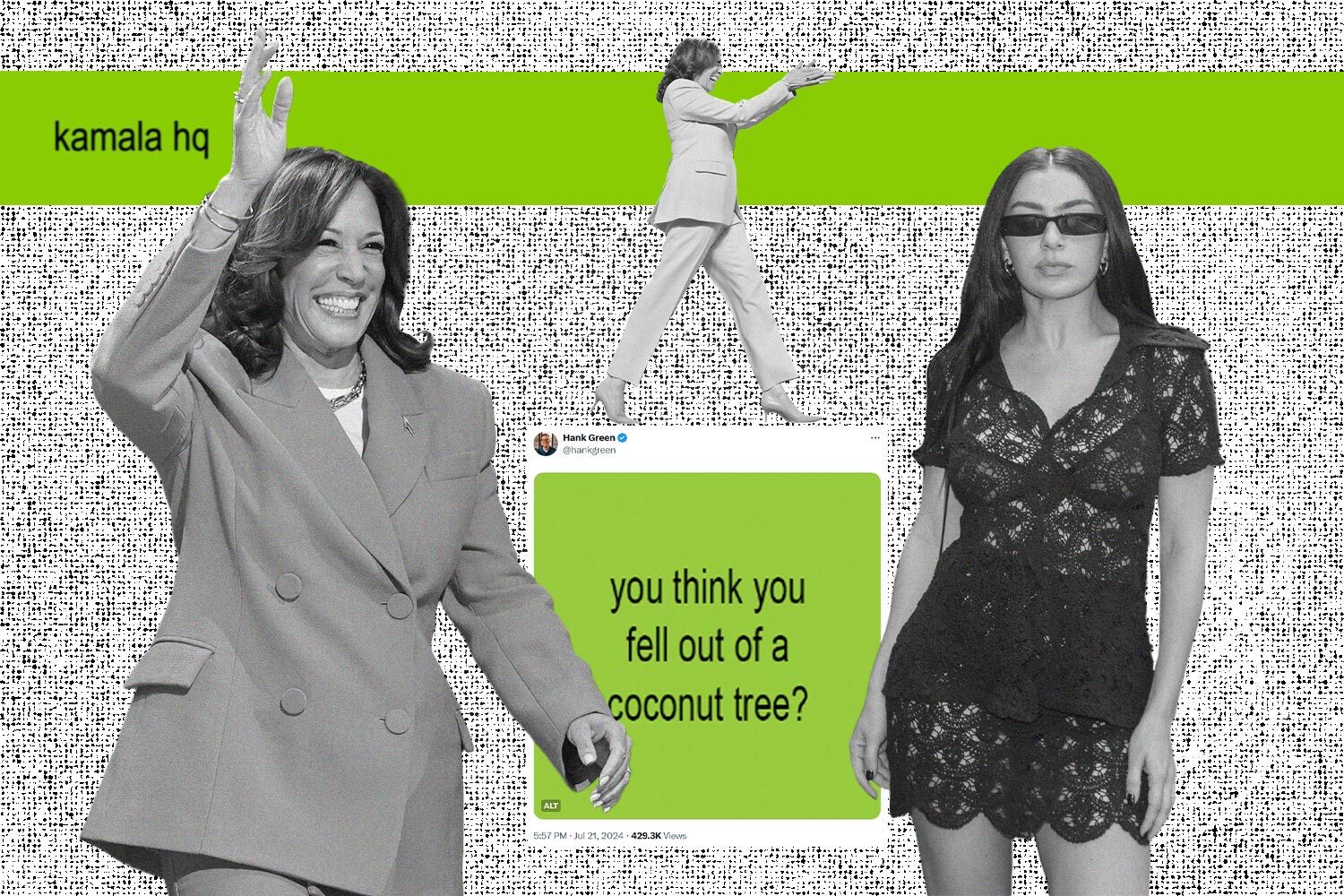 Kamala Harris and Charli XCX on a lime green "Brat" and white background.