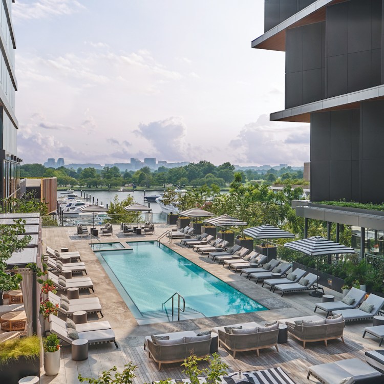 Perched above the Wharf neighborhood, Pendry's pool deck offers spectacular views of the Potomac
