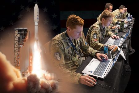 A group of Guardians on computers at a Space Force Gaming event, and a rocket launching for the military branch's Geosynchronous Space Situational Awareness Program