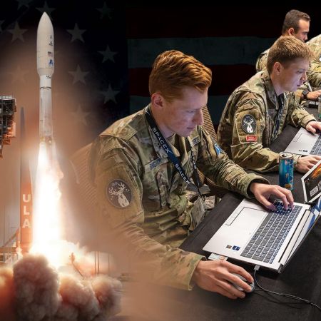 A group of Guardians on computers at a Space Force Gaming event, and a rocket launching for the military branch's Geosynchronous Space Situational Awareness Program
