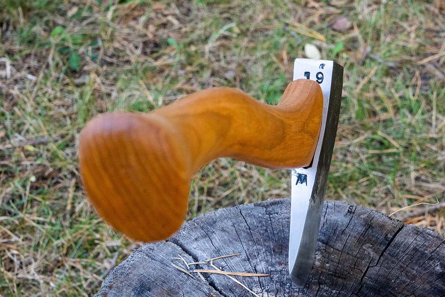 Looking down haft of a Brant & Cochran axe, one of our favorite American-made products