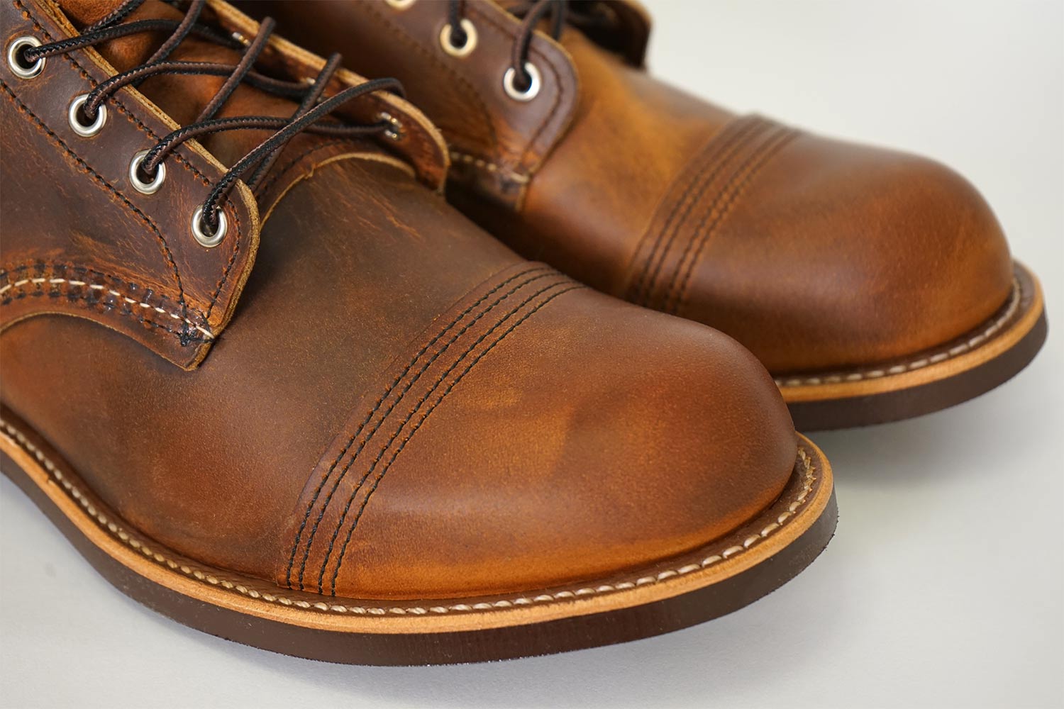 The signature toe cap on a pair of Iron Ranger boots from Red Wing Shoes