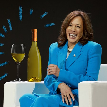 Democratic presidential candidate and current VP Kamala Harris laughing, photo illo of a bottle of wine next to her