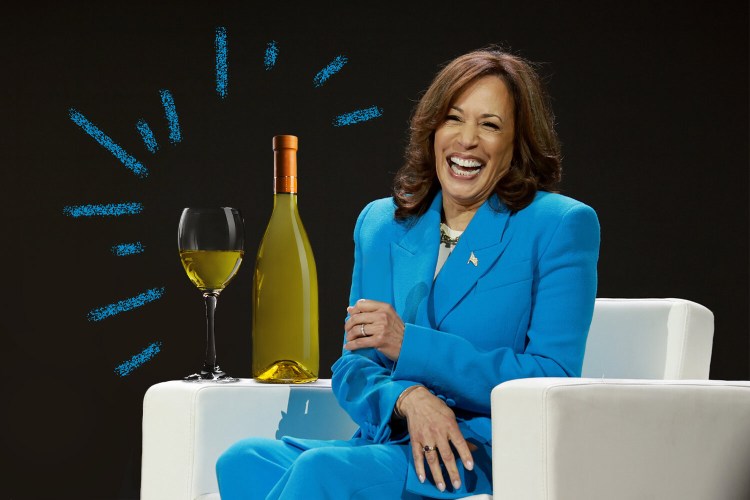 Democratic presidential candidate and current VP Kamala Harris laughing, photo illo of a bottle of wine next to her