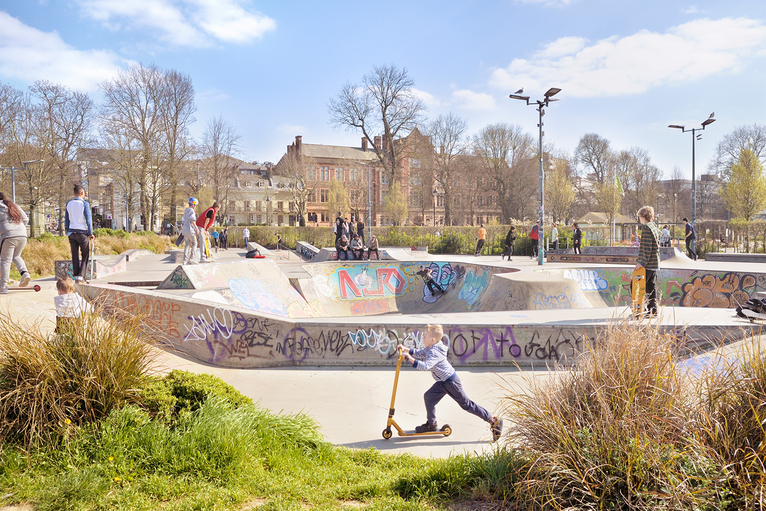 Brighton youth in a graffiti'd skate park. 