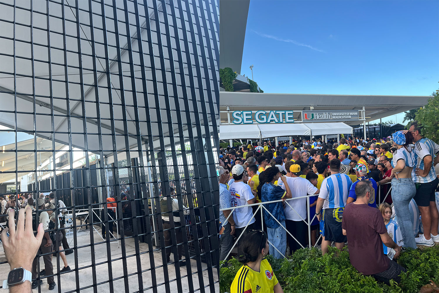 Two photos from the Copa America final at Hard Rock Stadium in Miami on July 14, 2024: Waiting at the gate after security closed them down. And crowds suffering in the heat while waiting to enter the stadium.