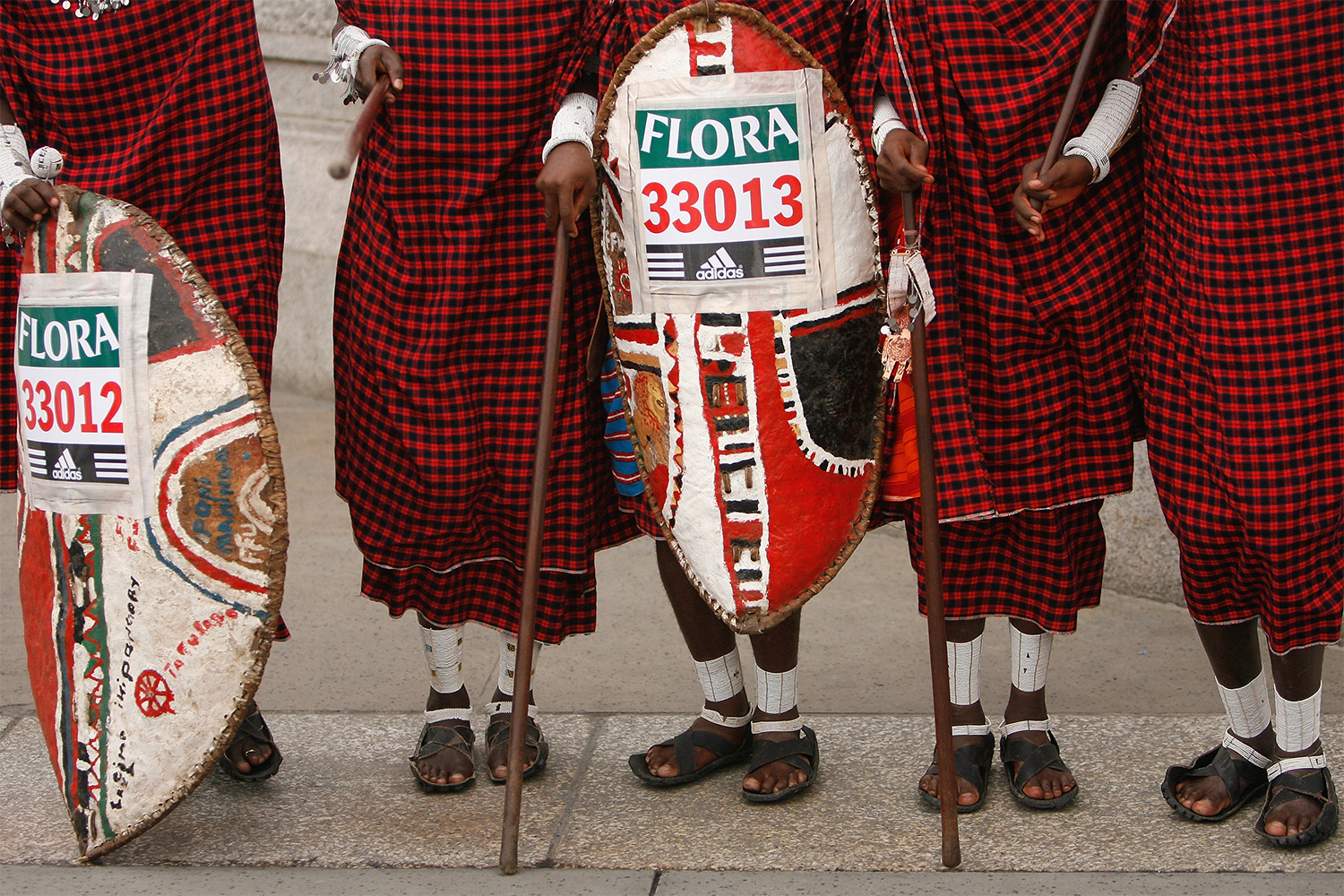 A view of Maasai warriors in traditional dress.