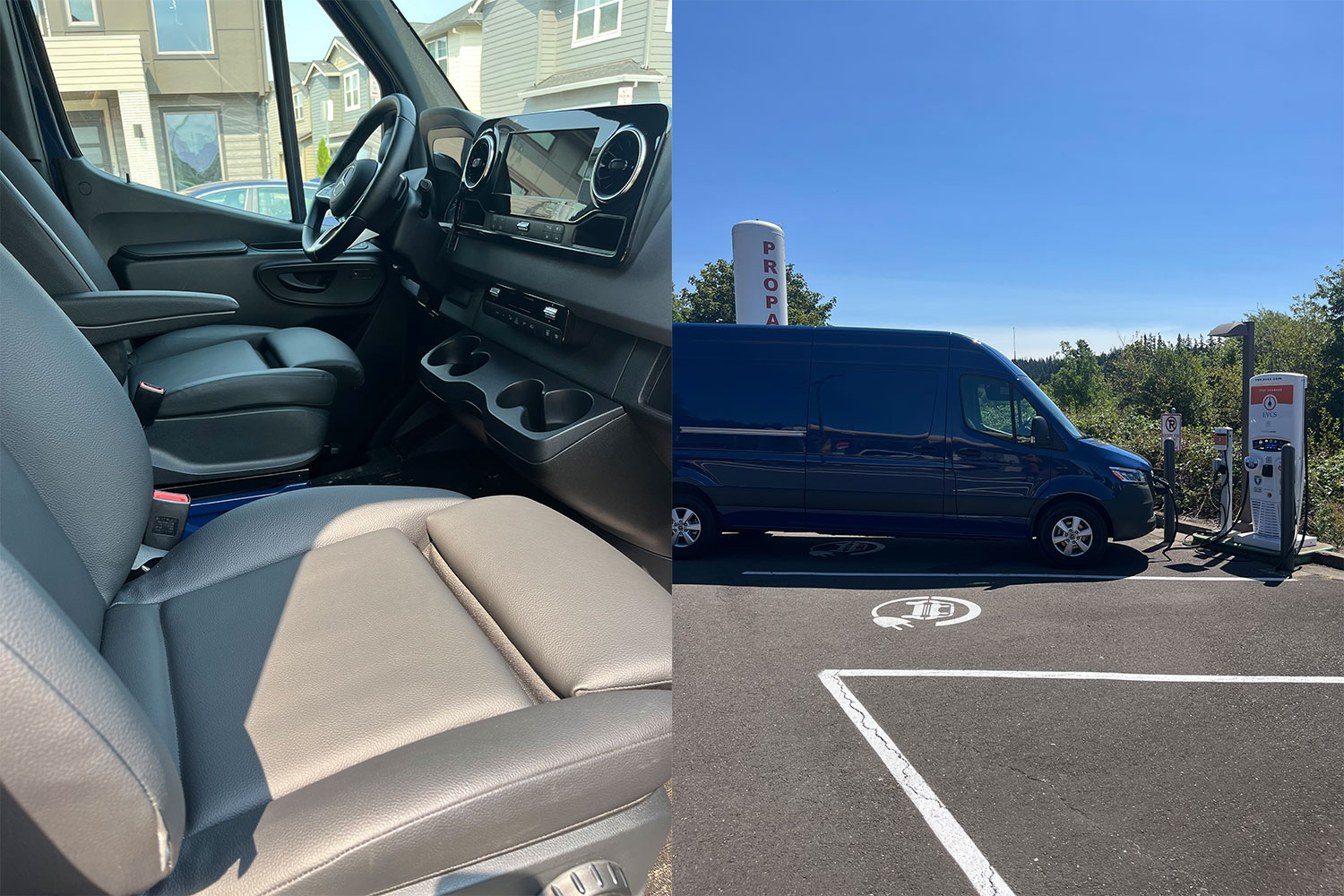 The Mercedes-Benz eSprinter interior (left) and the cargo van charging (right)