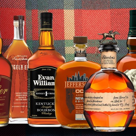 bottles of whiskey on a plaid background