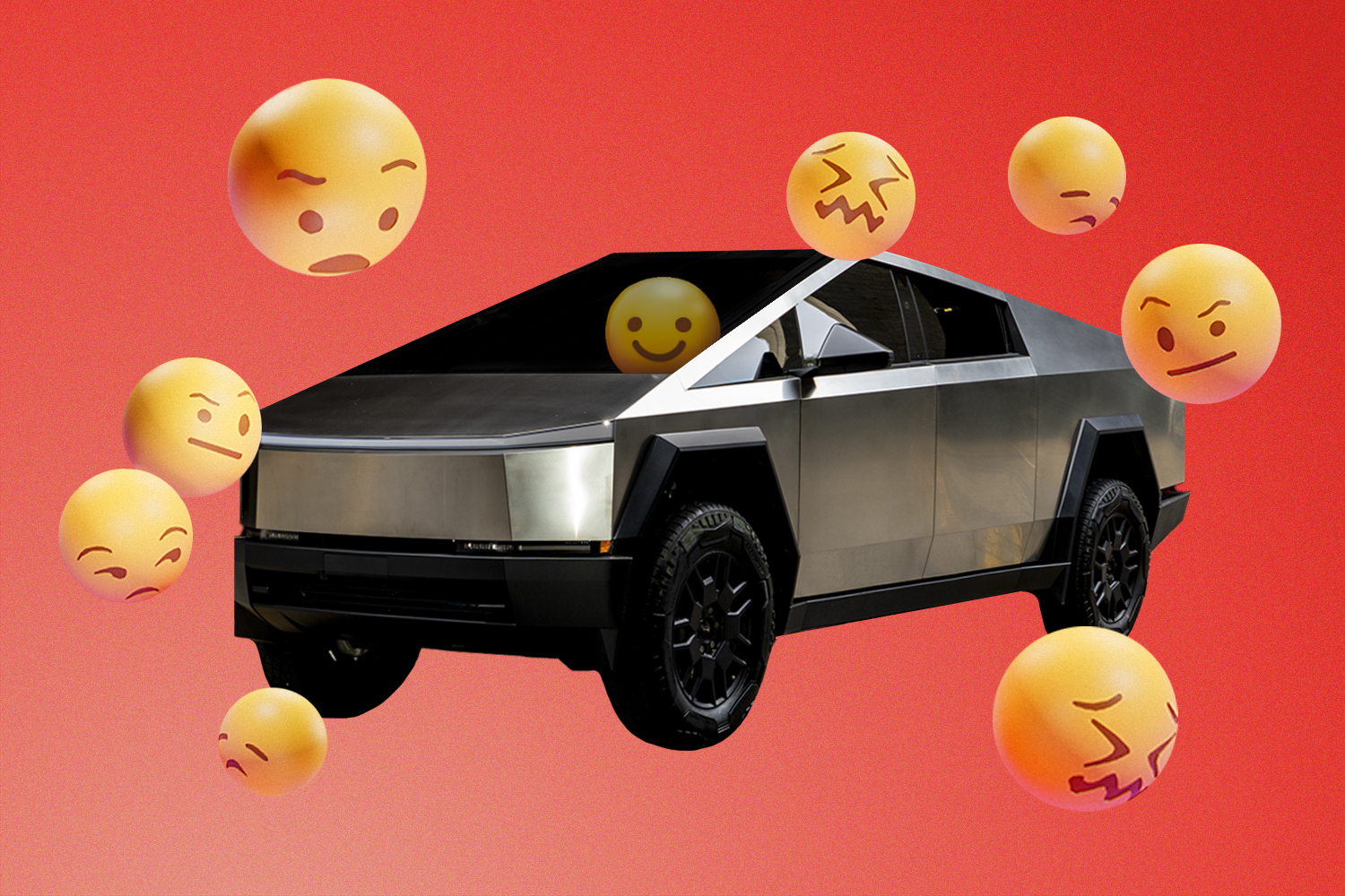 A Tesla Cybertruck surrounded by reaction emojis. What's with the hate?