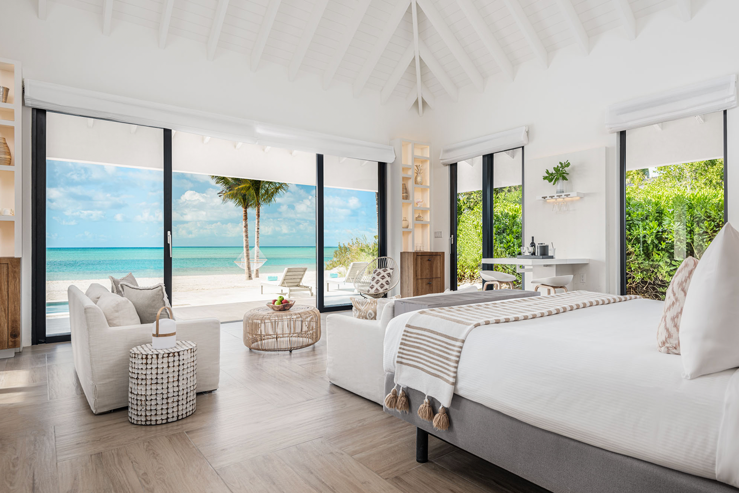 The interior of one of the 17 beachfront bungalows