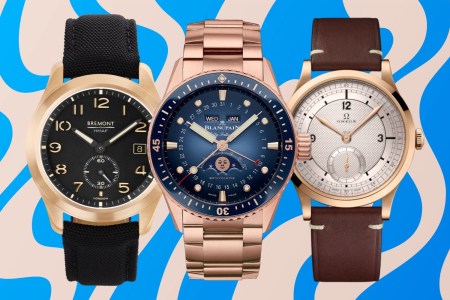 The top watches of July 2024: Bremont’s Broadsword Recon Bronze (left), Blancpain’s Fifty Fathoms Full Gold (center) and Omega’s Paris Bronze Gold Edition (right)