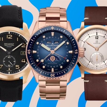 The top watches of July 2024: Bremont’s Broadsword Recon Bronze (left), Blancpain’s Fifty Fathoms Full Gold (center) and Omega’s Paris Bronze Gold Edition (right)