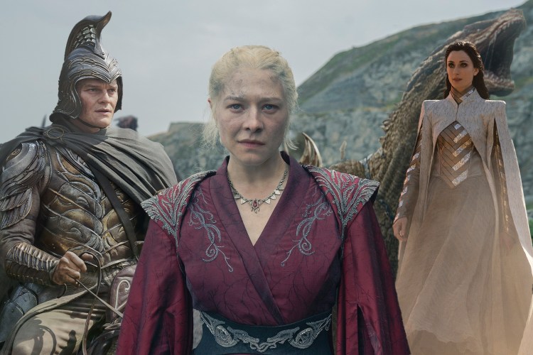 Robert Aramayo as Elrond in "Rings of Power"; Emma D'Arcy as Rhaenyra Targaryen in "House of the Dragon"; and Natasha O'Keeffe as Lanfear in "The Wheel of Time"