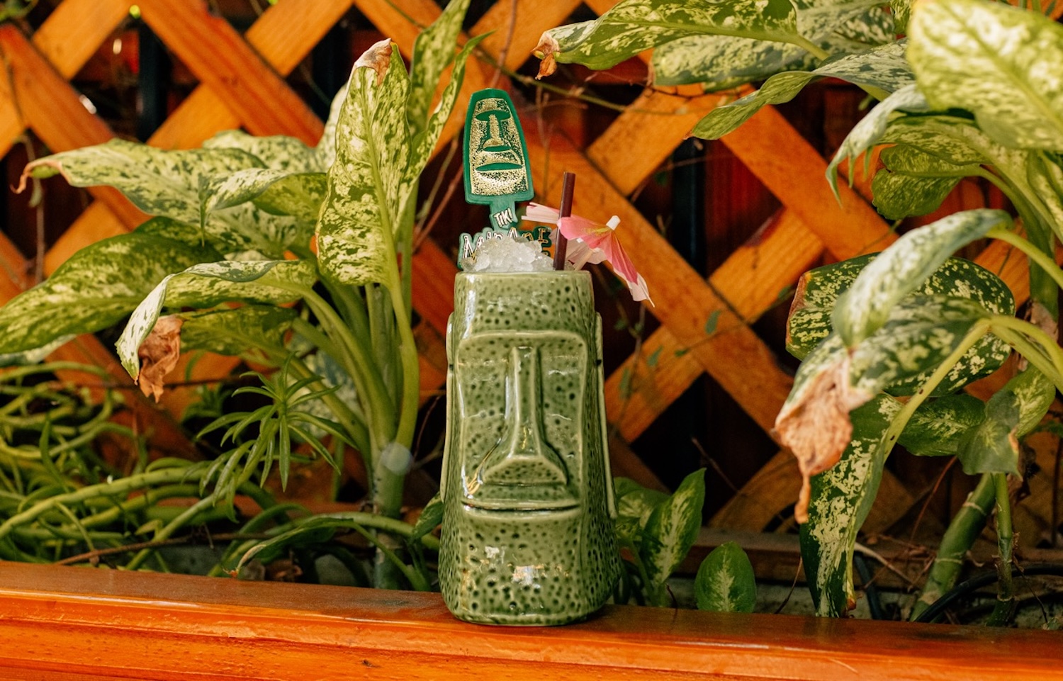 Tiki mug with identical pick in front of green and wooden fence