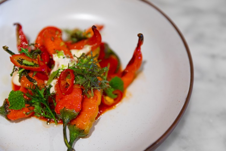 The roasted Jimmy Nardello peppers with hot honey ricotta and herbs at Sungold