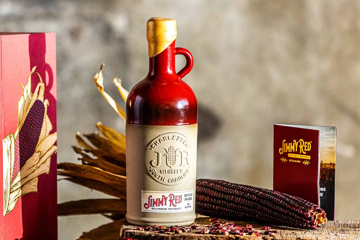 A close-up of High Wire's Jimmy Red bourbon, made from bourbon is made from 100% Jimmy Red corn