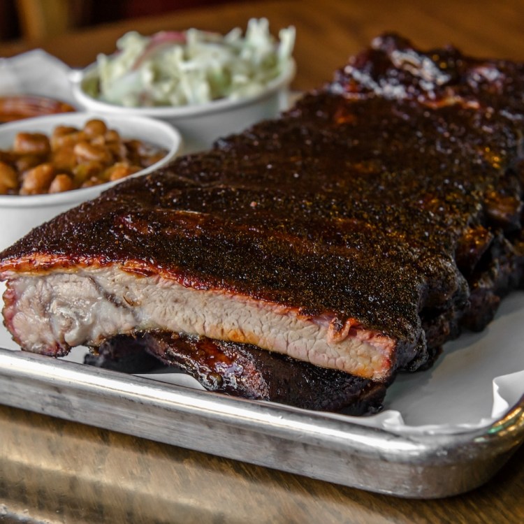 Tray of barbecue at Smoque BBQ, which is one of our favorite BYOB restaurants in Chicago