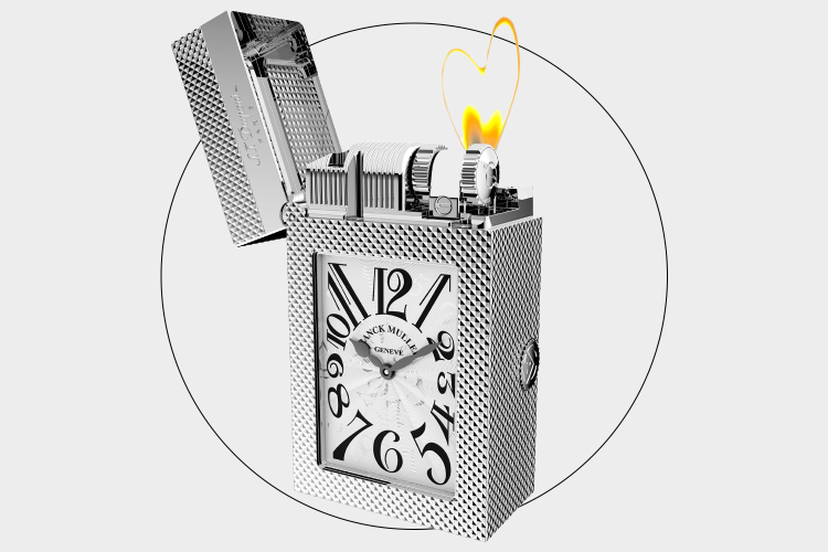 SIlver lighter with a white clock face