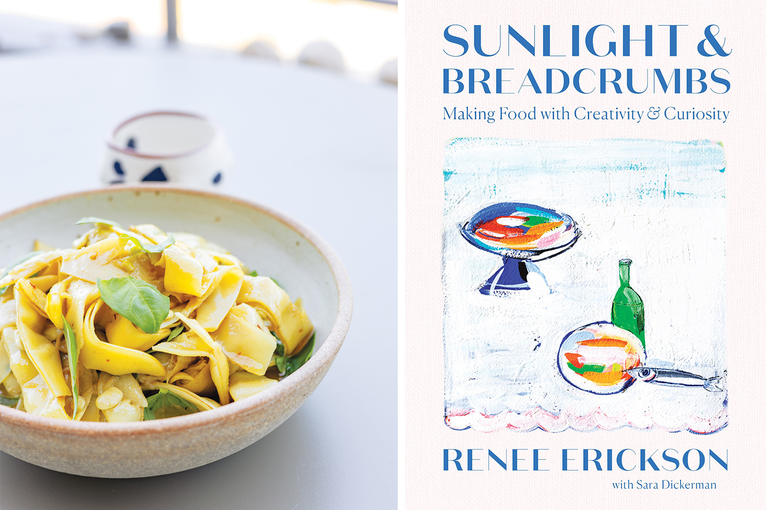 Sunlight & Breadcrumbs book cover and a photo of a recipe of Braised Romano Beans with Anchovy, Chile Flakes and Fancy Olive Oil