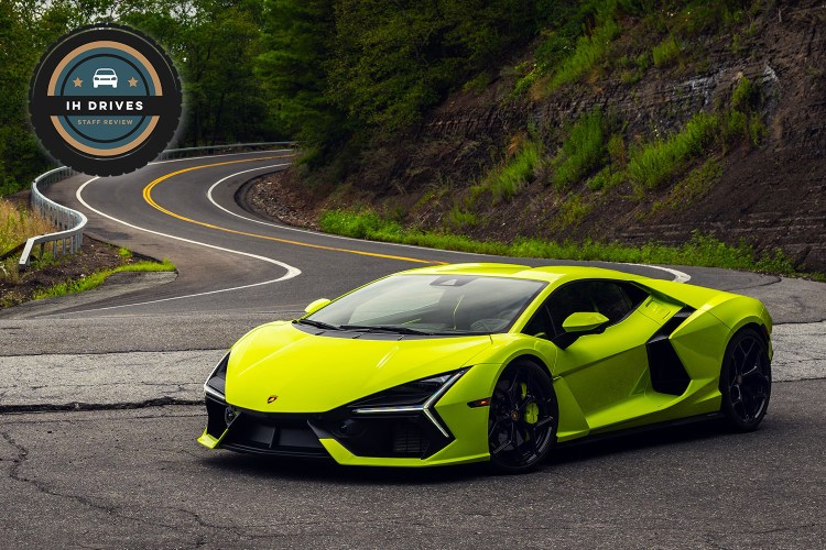 The Lamborghini Revuelto on a road in Upstate New York during a test drive