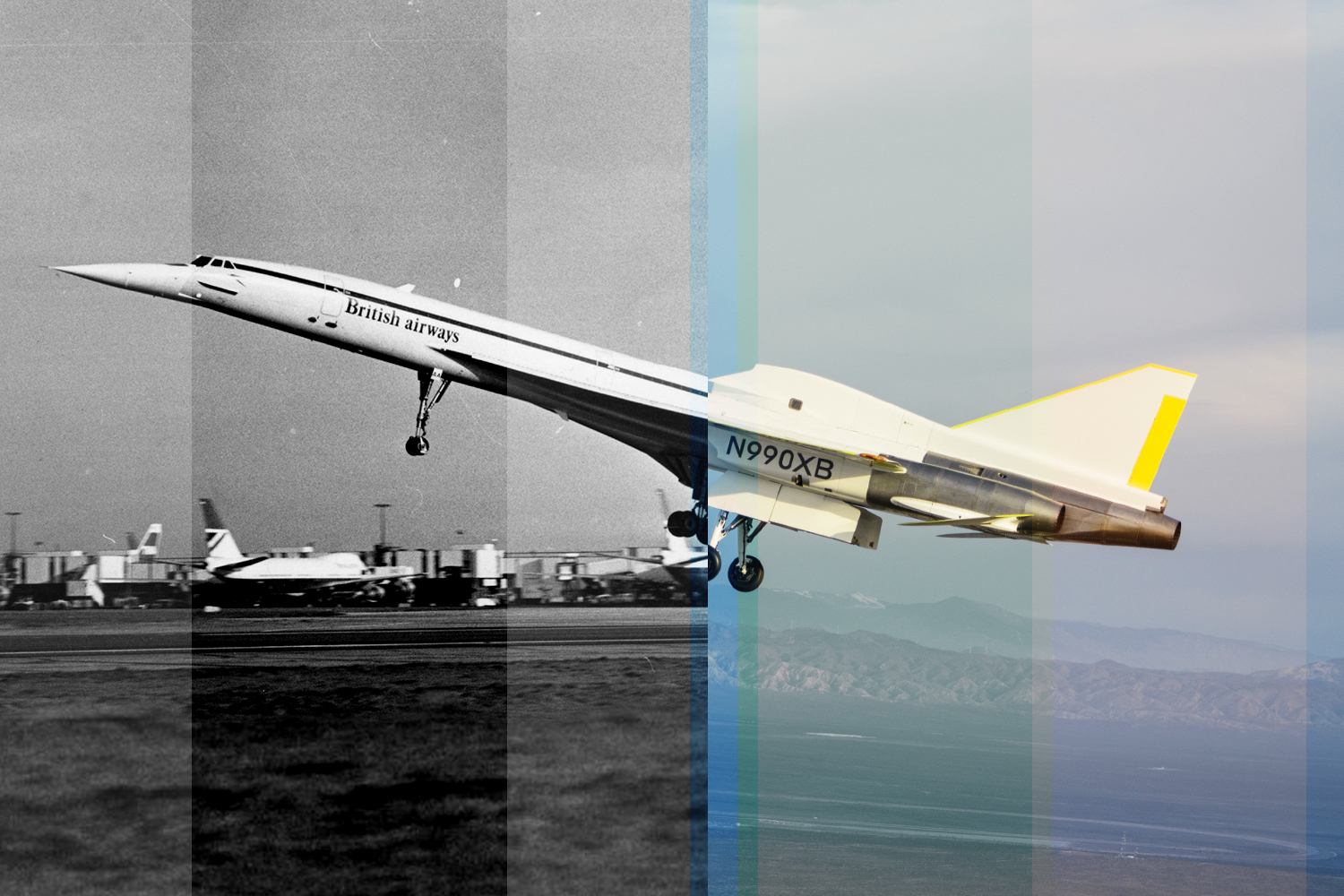 The Concorde, a supersonic airplane that was retired in 2003; and the Boom XB-1, an experimental supersonic plane that had its first flight in 2024.