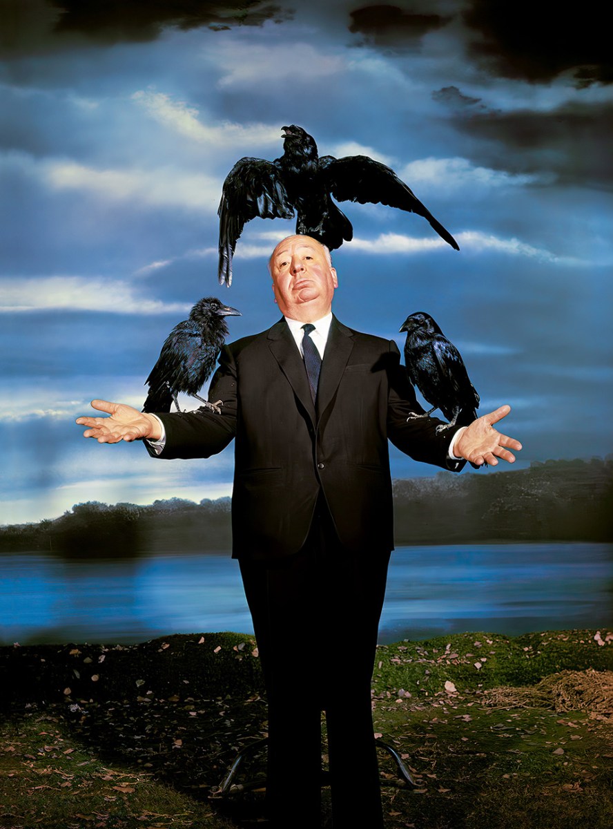 Alfred Hitchcock with actors from <em>The Birds</em>. Photo: Philippe Halsman, Universal Studios, 1963.