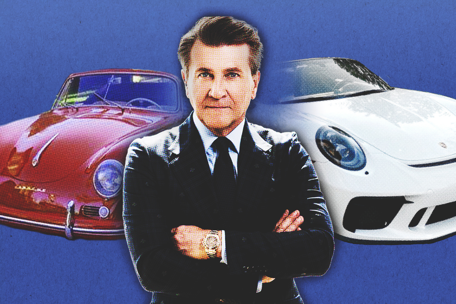 "Shark Tank" co-host Robert Herjavec in front of two of his cars, a Porsche 356 A and a 2019 Porsche 911 Speedster