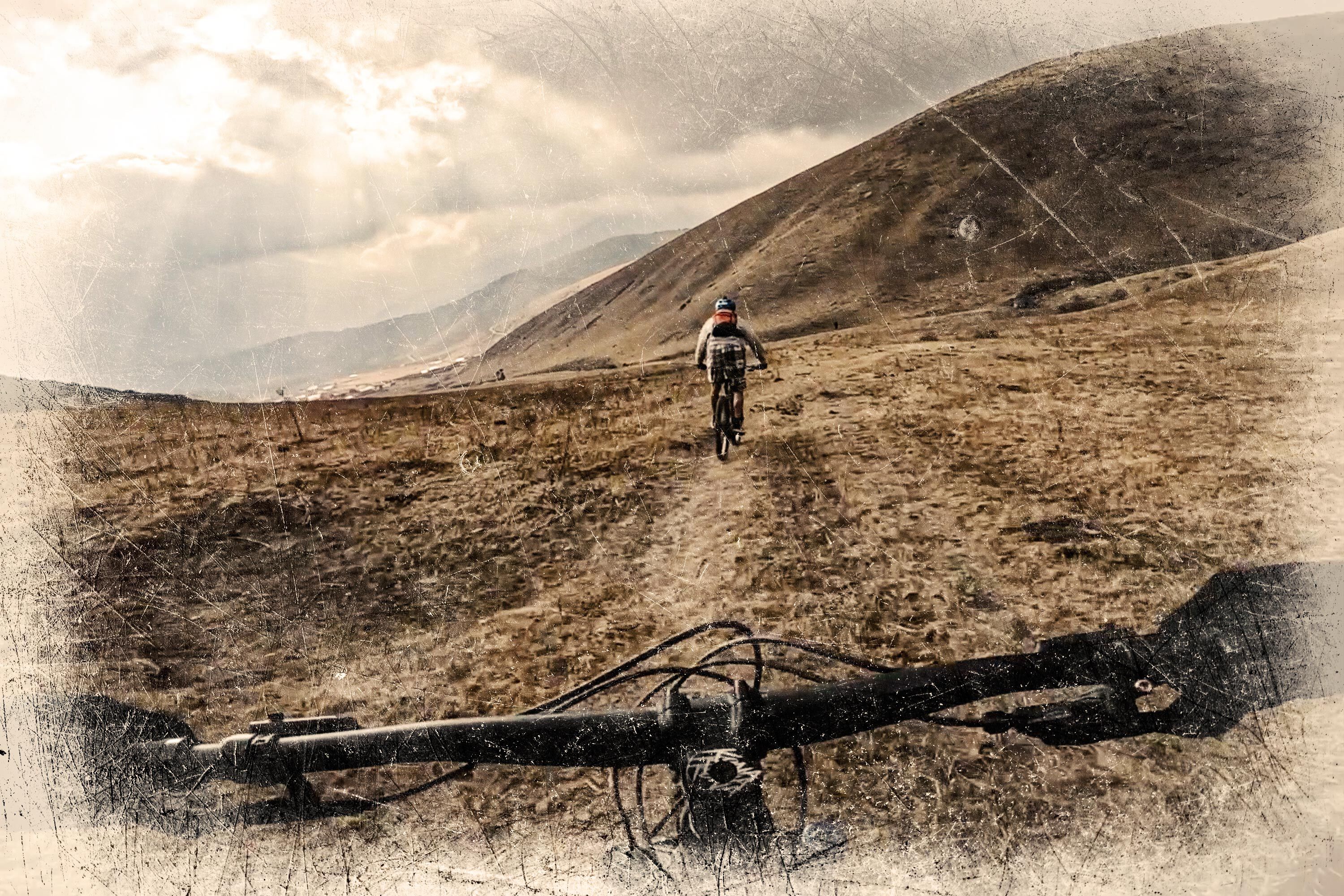 View from a bike in a brown field.