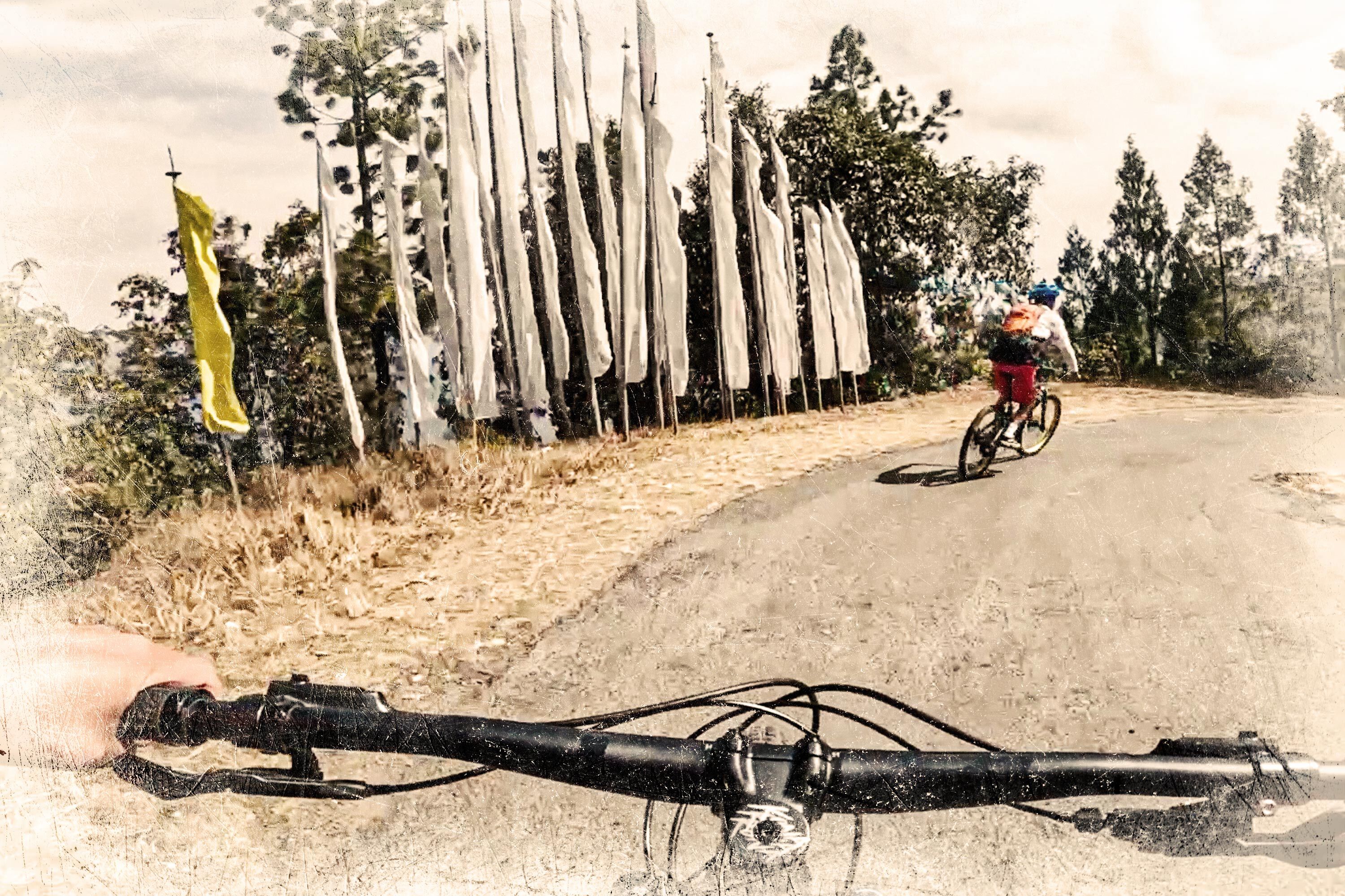 A bike heading into downhill in Bhutan.