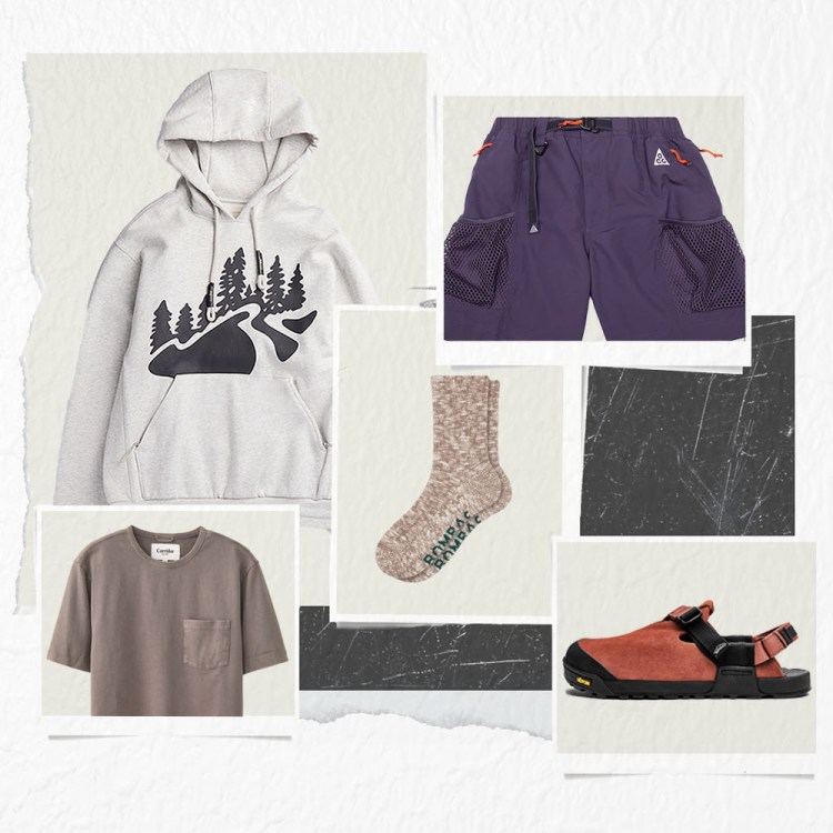 a hoodie and shorts outfit on a photo grid background