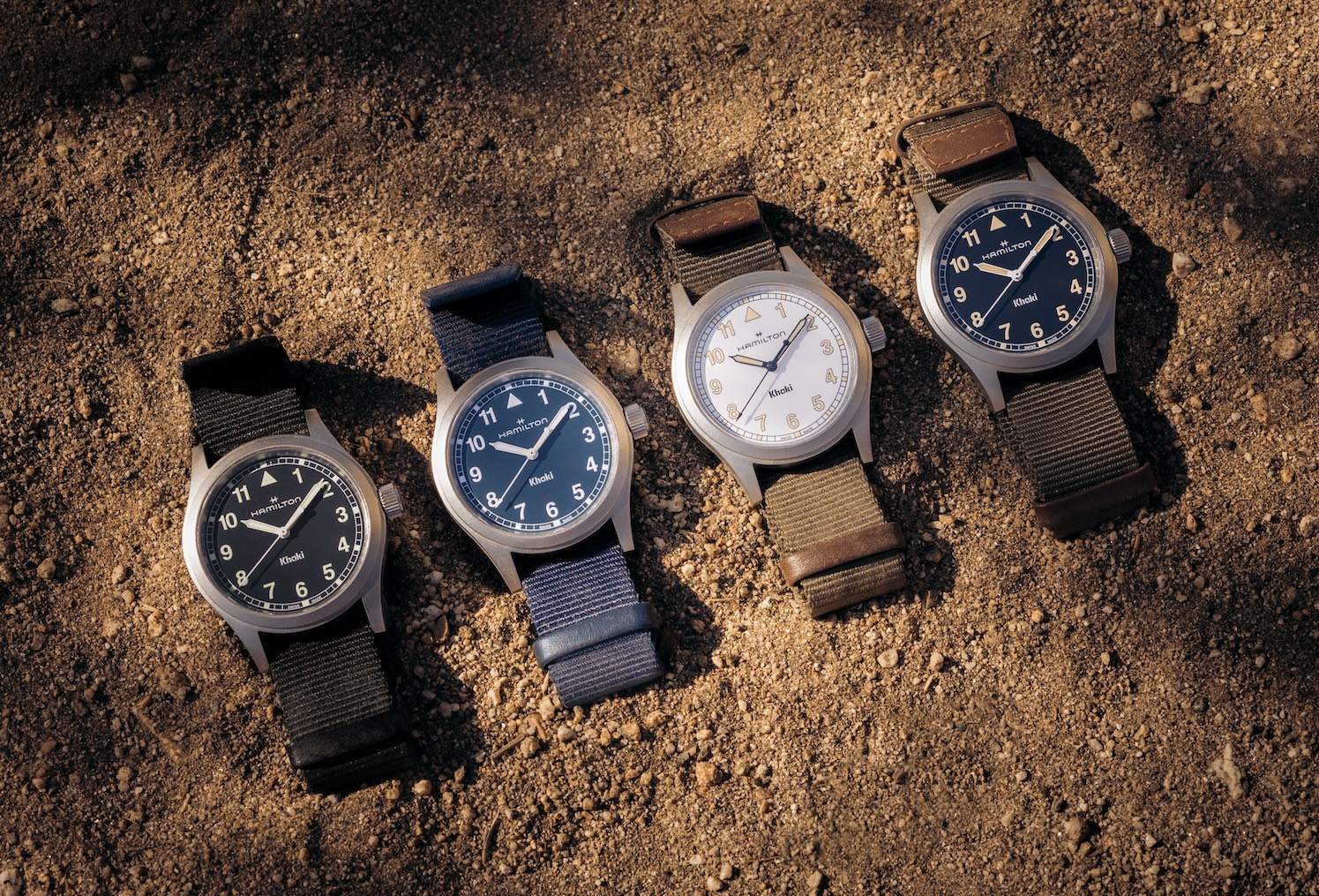 Hamilton Khaki Field Quartz in blue, black and light and dark brown