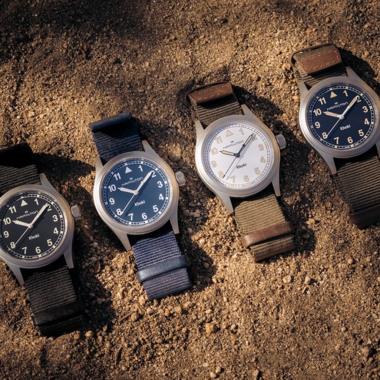 Hamilton Khaki Field Quartz in blue, black and light and dark brown