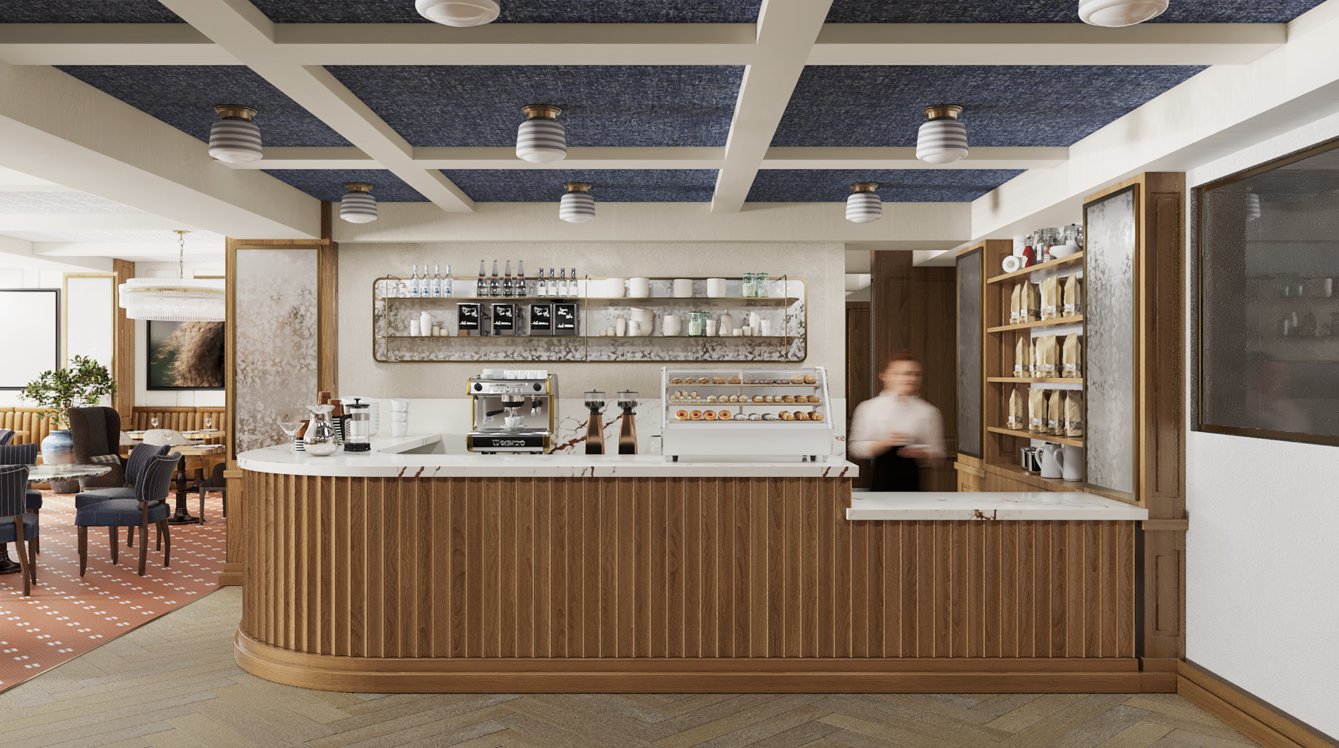 A white and brown counter with a modern design inside LAAC