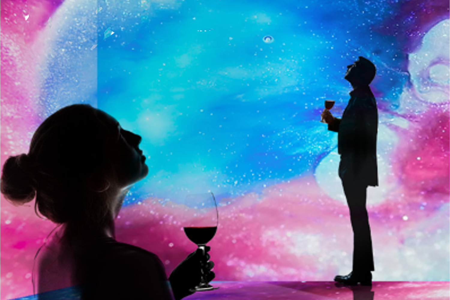 a photo of a man and woman drinking wine in front of a blue and pink screen looking up