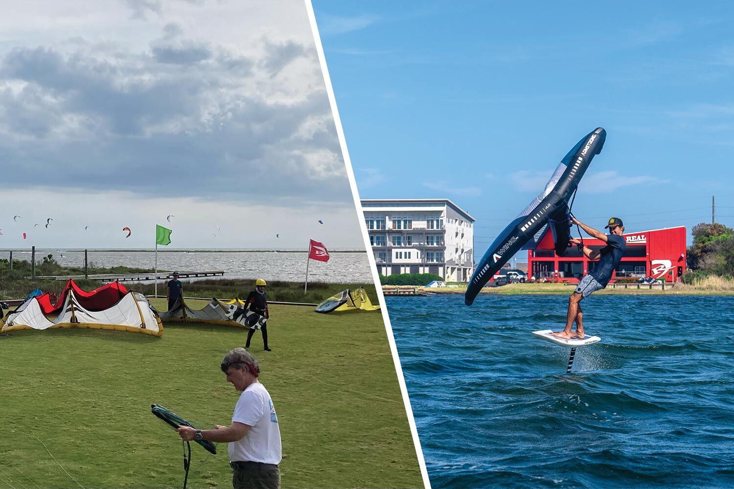 A split image showing kite surfers getting ready to enter the water, and a man foil surfing.