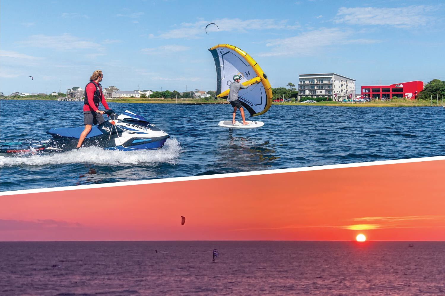 A split image showing a kiteboarder next to a man on a jet ski, and a setting sun over the ocean.